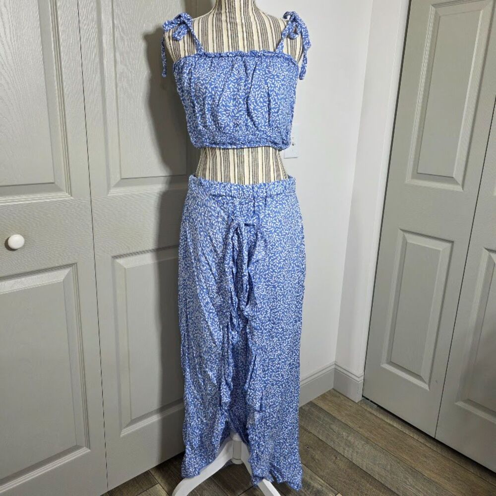 Kiwi + Punch Women's Large Wide Leg Sarong Pant And Smocked Crop Top Set Blue